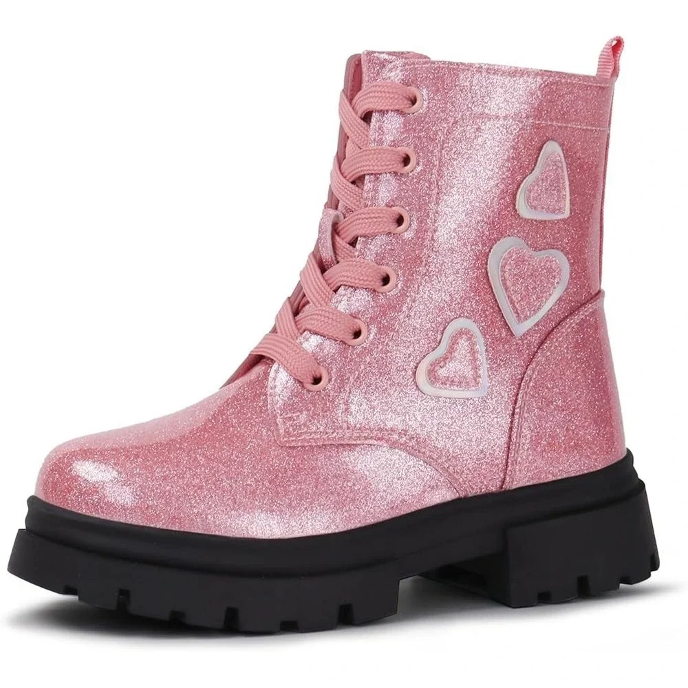 Girls Pink Glitter Combat Boots Heart Detail Lace Up Side Zip Chunky Sole US 5